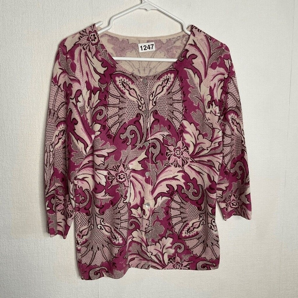 Talbots Peony Pink/Cream Floral Button Front Cardigan Women M 100% Cashmere